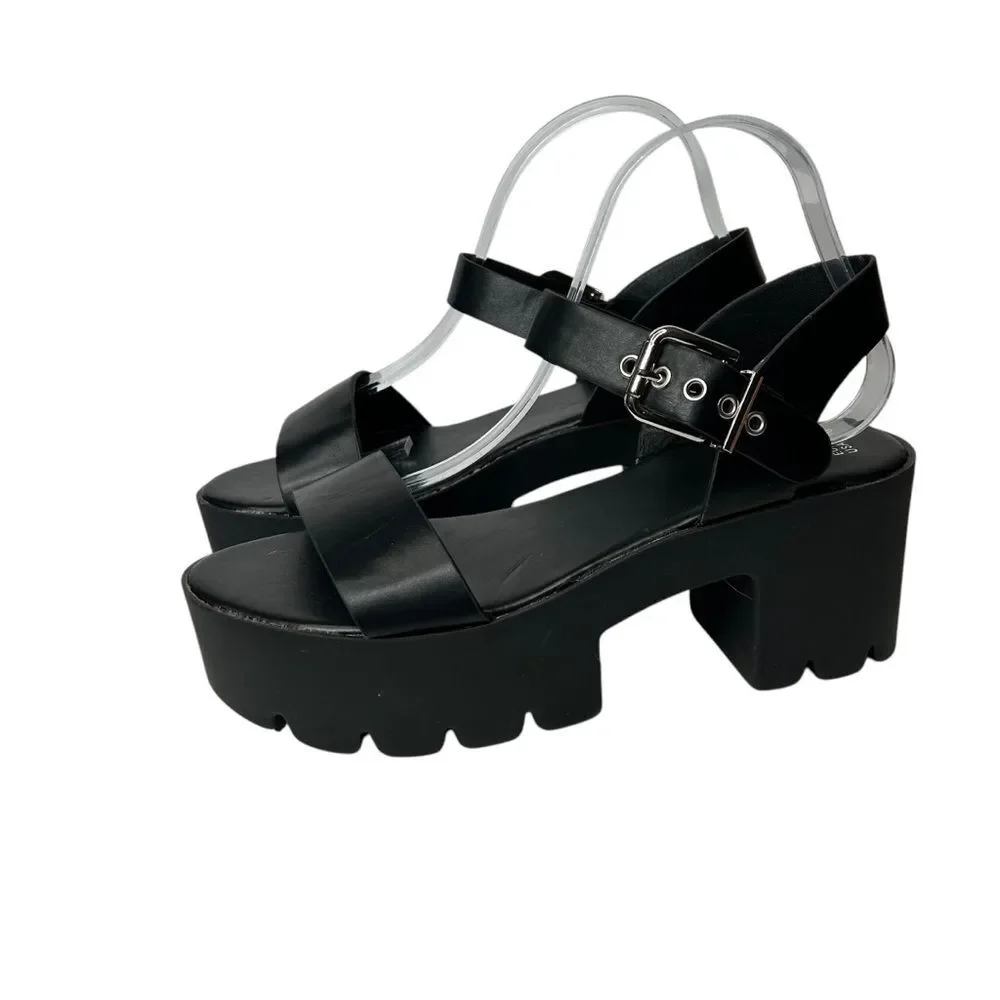 New Faux Leather Chunky Black Platform Sandals 11 Ankle Straps